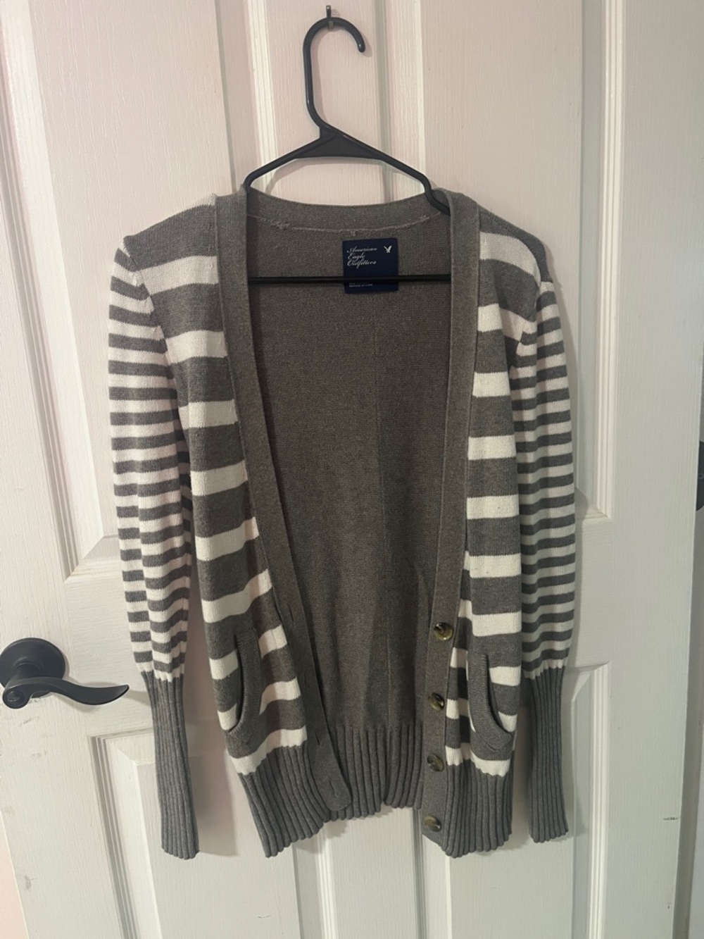 Women’s American Eagle Striped Button-Front Cardigan in Gray and White